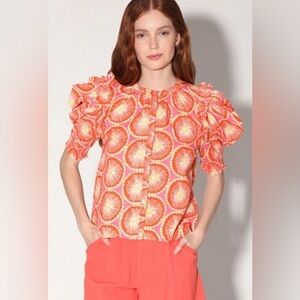 Walter Baker Coral and Cream Ruffled Puff-Sleeve Button Blouse
